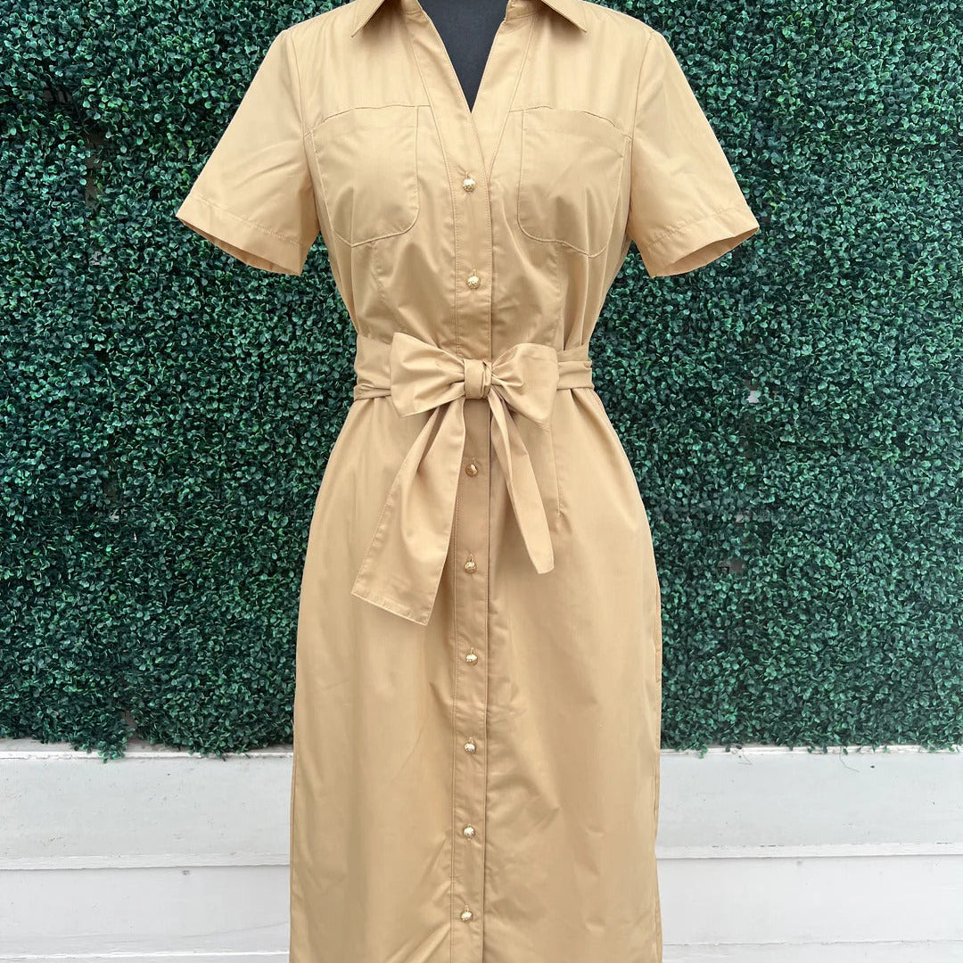 Khaki Belted Midi Shirt Dress