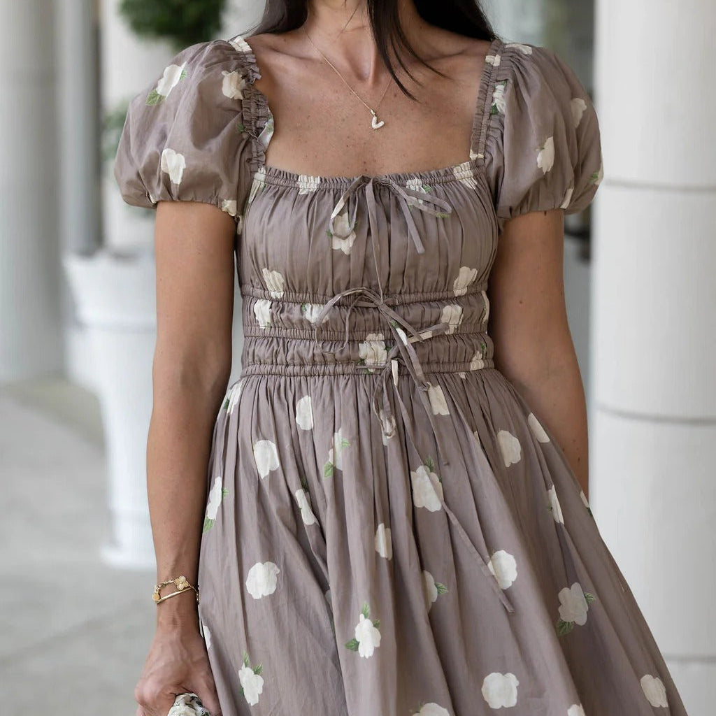 Long Dress With Puff Sleeves And A Drawstring Waist