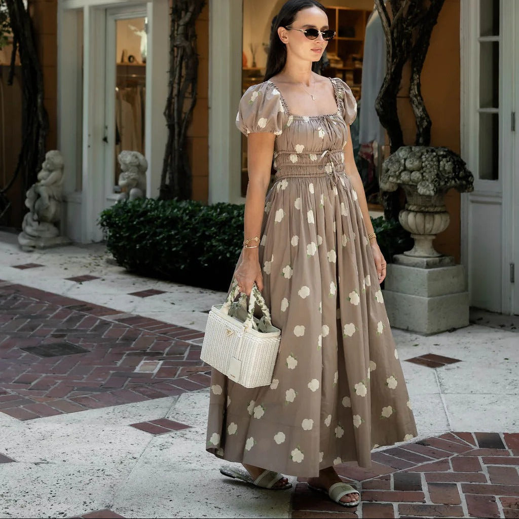 Long Dress With Puff Sleeves And A Drawstring Waist