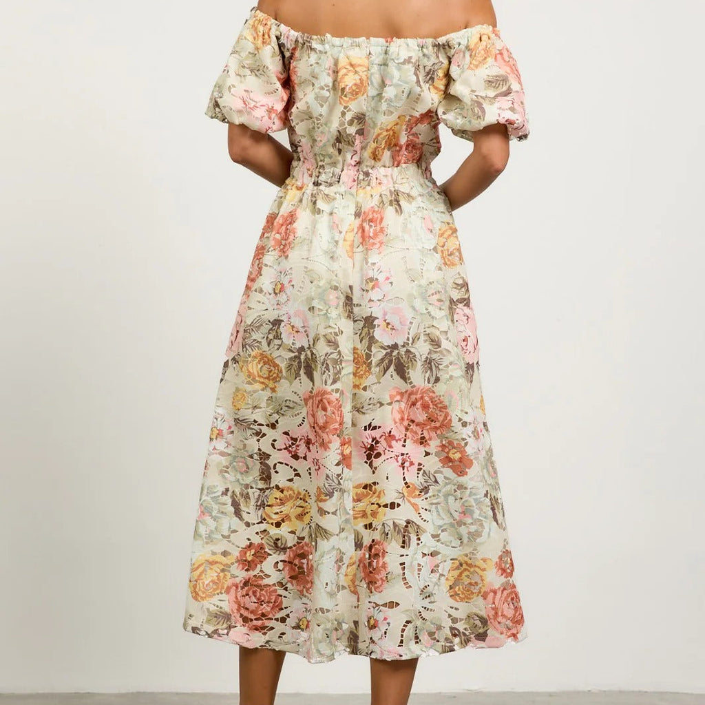 Off The Shoulder Puff Sleeve Cut Out Midi Dress