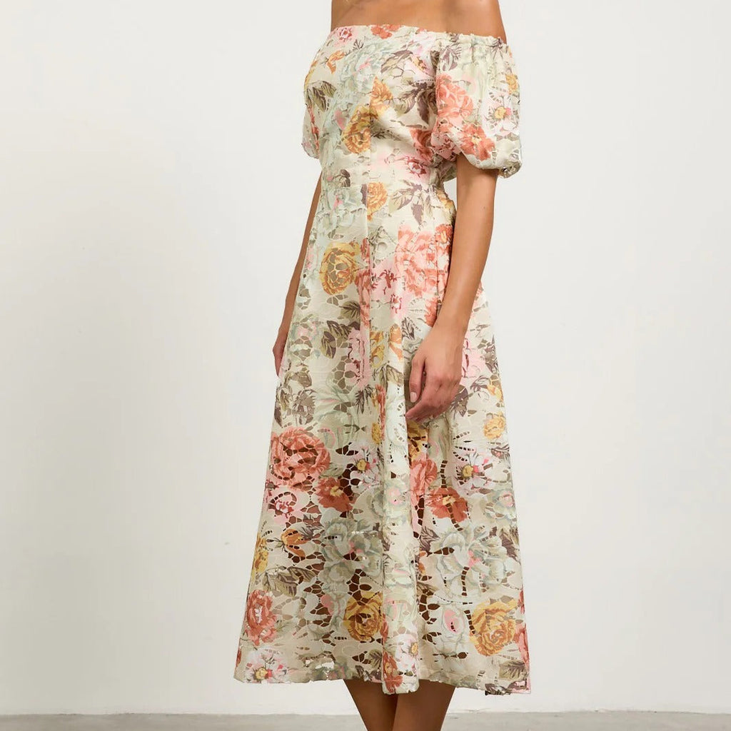 Off The Shoulder Puff Sleeve Cut Out Midi Dress