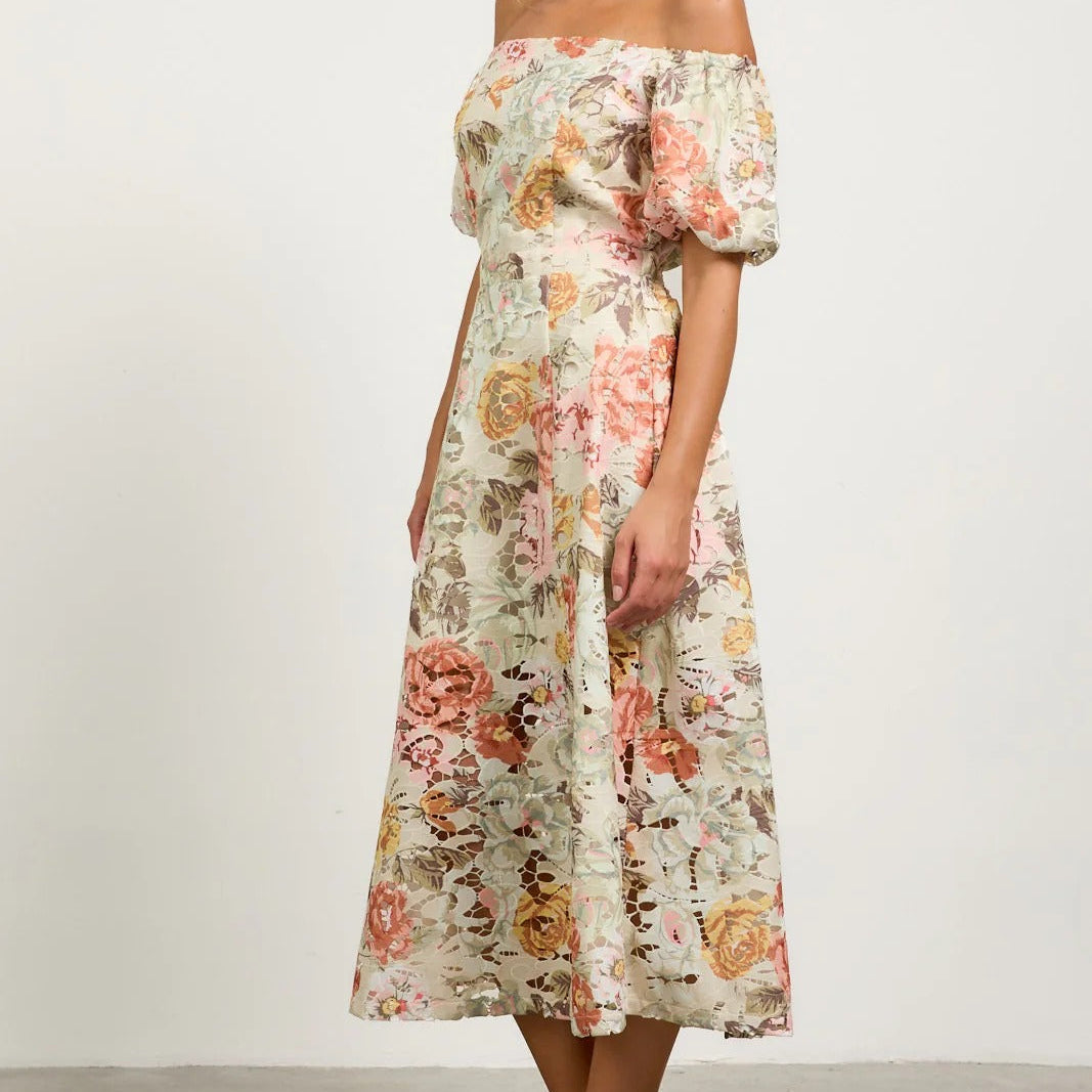 Off The Shoulder Puff Sleeve Cut Out Midi Dress