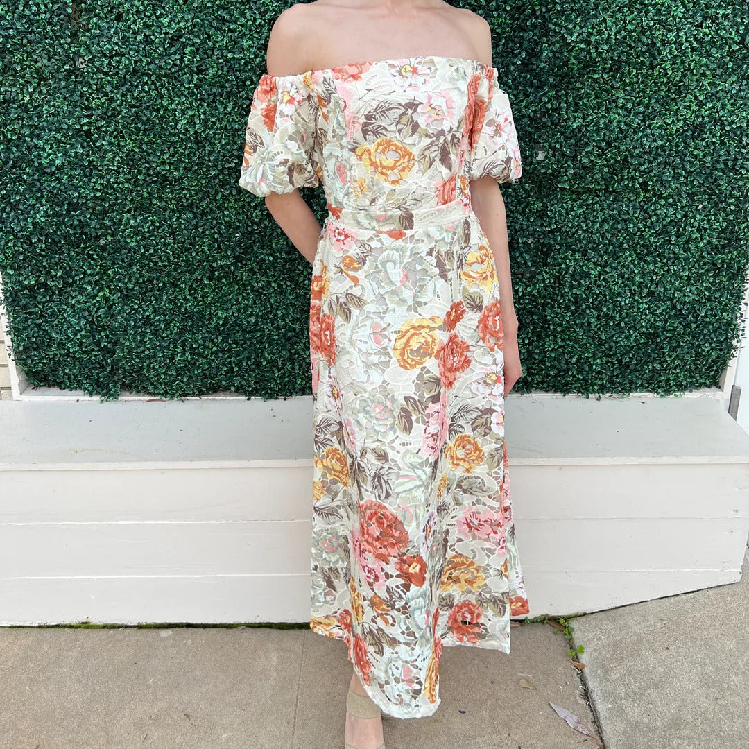 Off The Shoulder Puff Sleeve Cut Out Midi Dress
