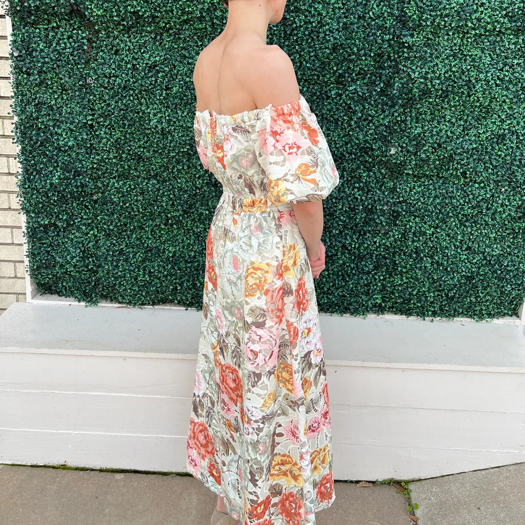 Off The Shoulder Puff Sleeve Cut Out Midi Dress