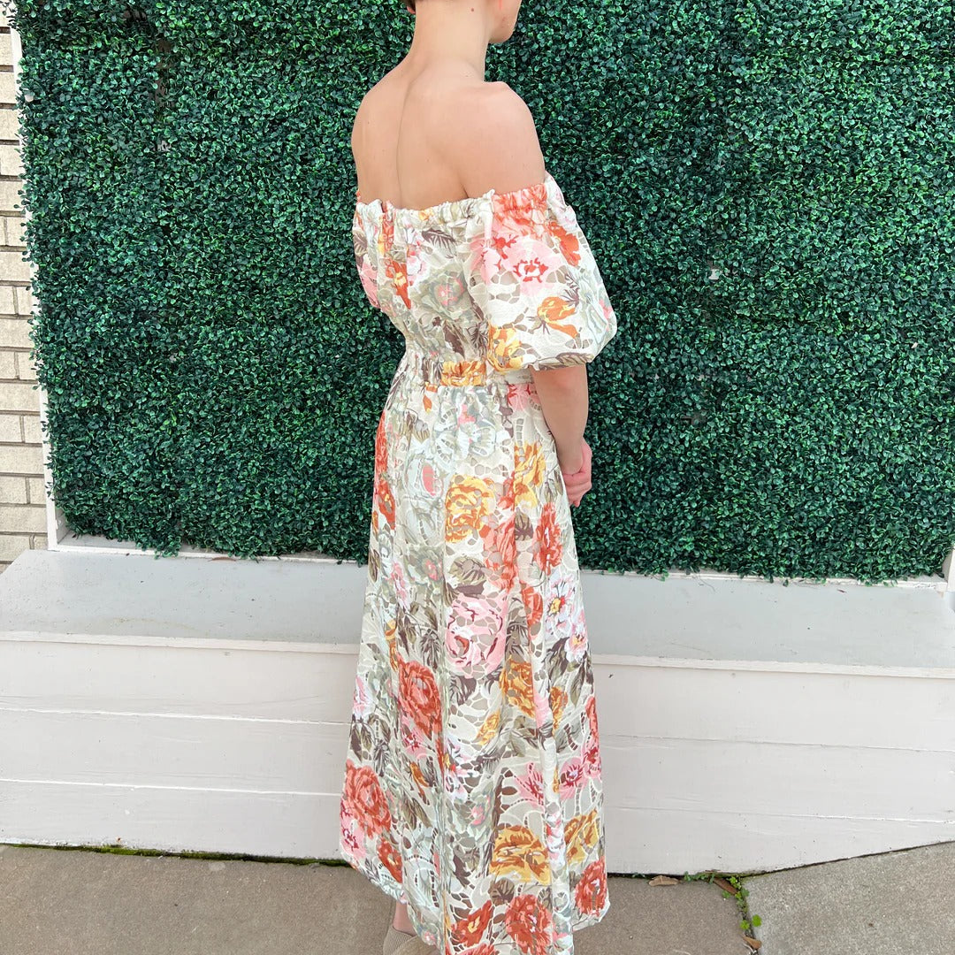 Off The Shoulder Puff Sleeve Cut Out Midi Dress