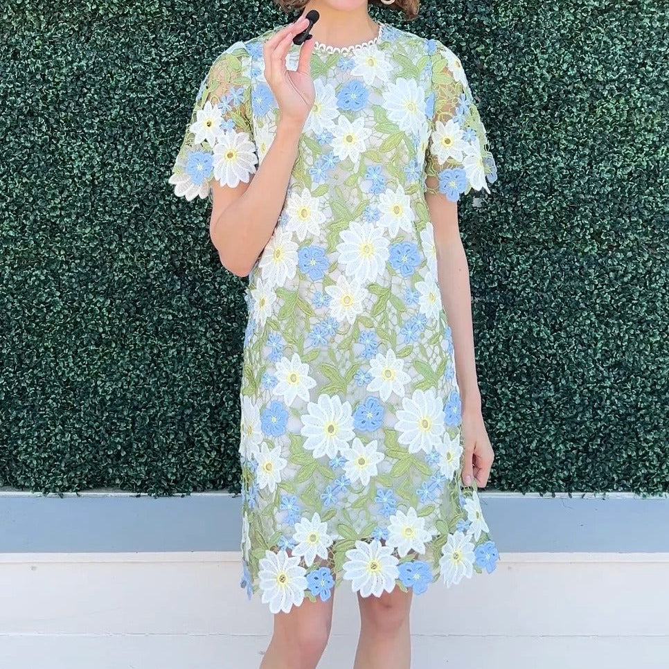 Short Sleeved Straight Cut Lace Mini Dress