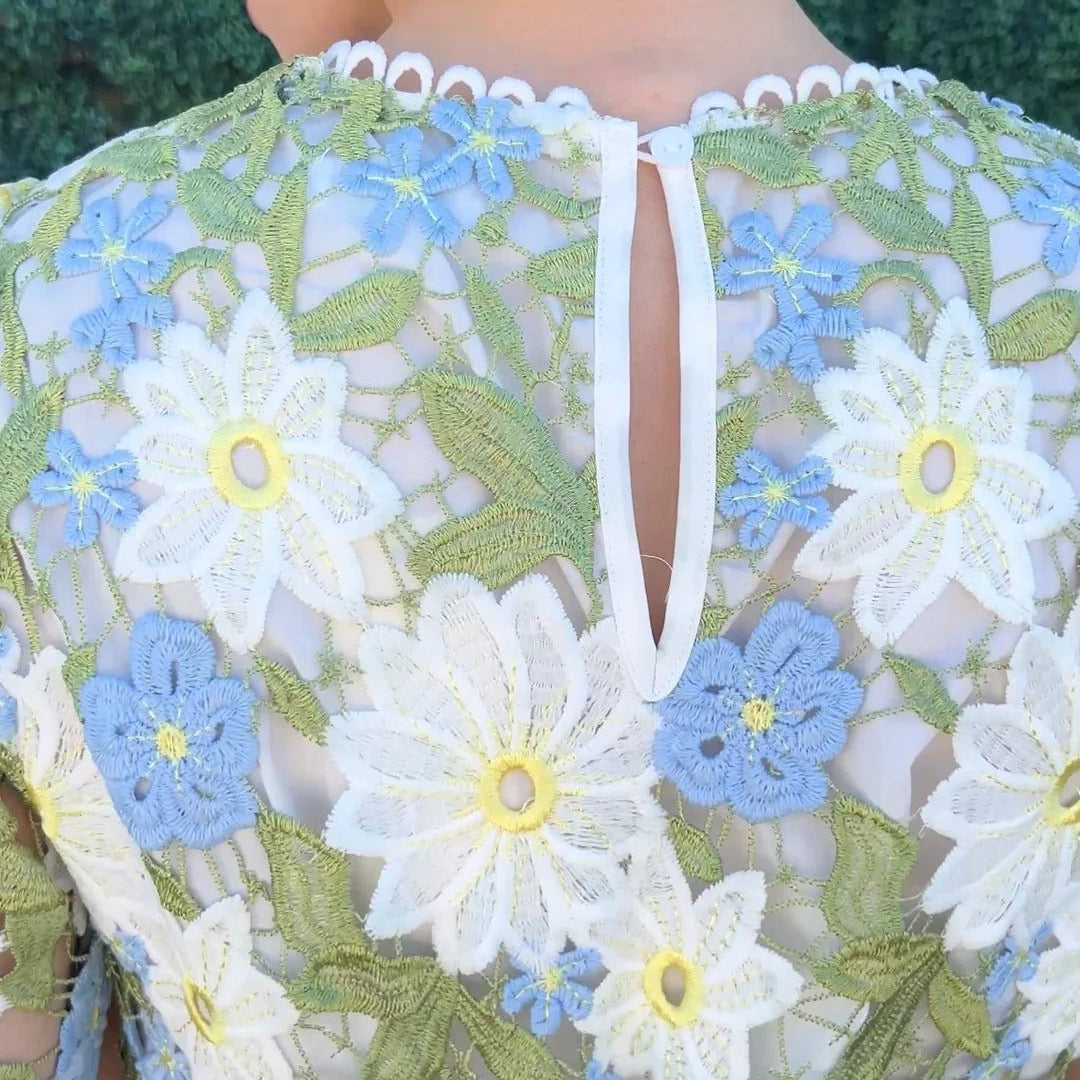 Short Sleeved Straight Cut Lace Mini Dress