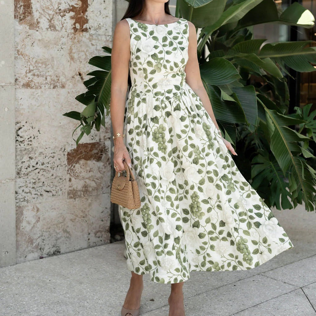 Sleeveless Waist Cinching Full Skirt Midi Dress